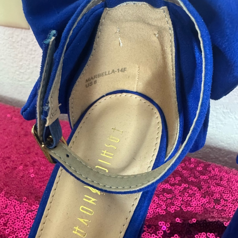 FASHION NOVA 💙 Royal Blue Suede Bow Ankle-Strap Block Heels (Women’s Size 8) - Picture 6 of 11